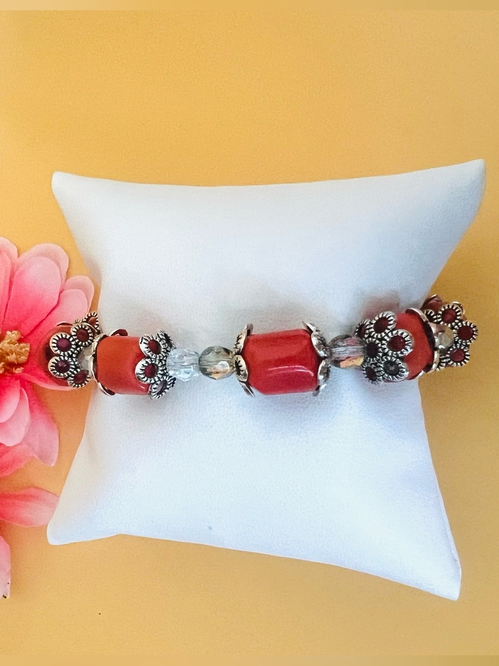Elegant Silver tone and Red corals Bracelet with clear crystal spacers